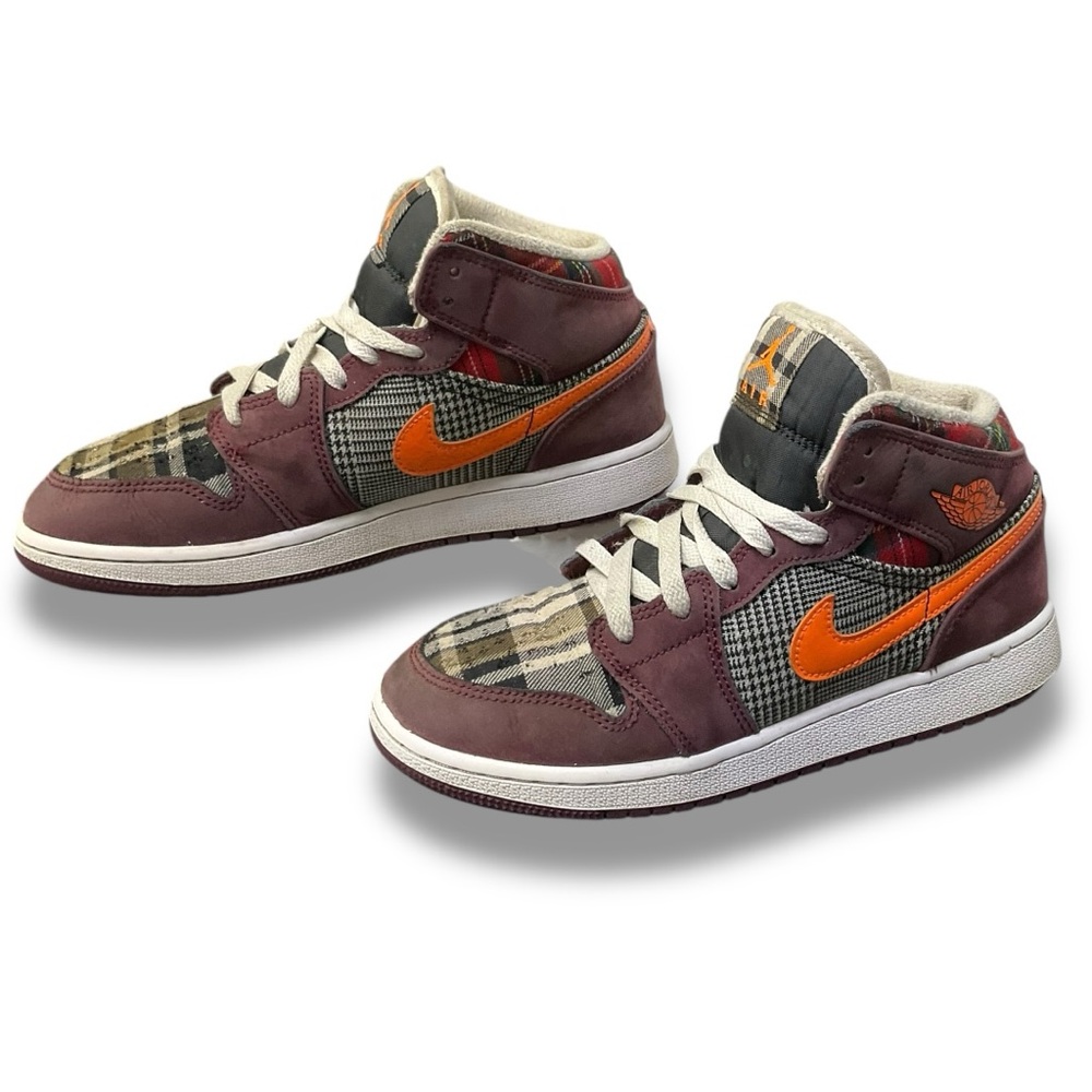 🔥 Air Jordan 1 Mid GS‎ “Plaid Multi” Burgundy/Orange Sneakers 👟 Youth 4.5Y